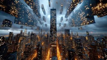 A city with skyscrapers and lights in the sky photo