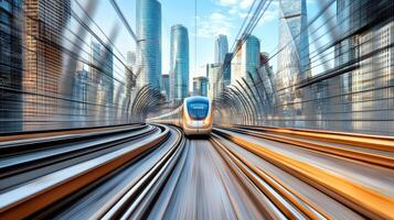 A train traveling through a city with motion blur photo