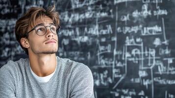 A young man in glasses is looking up at a blackboard photo