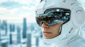 A woman in a futuristic suit and helmet photo