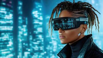 A woman wearing futuristic glasses in front of a city photo