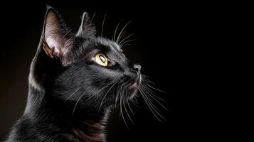 Black cat with yellow eyes on a black background photo