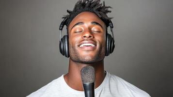 A man with headphones singing into a microphone photo