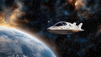 futuristic spaceship flying through space near Earth, showcasing cosmic beauty photo