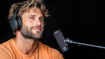 podcast host wearing headphones, speaking into microphone, smiling photo