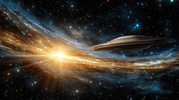 stunning space scene featuring spaceship near glowing star and swirling galaxy photo