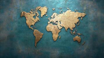 Golden world map on textured blue background, symbolizing global unity photo