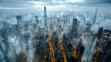 A cityscape with tall buildings and lots of clouds photo