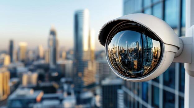 Security camera with cityscape in background photo