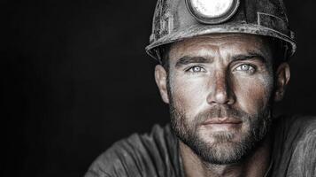 A man in a hard hat and a black background photo