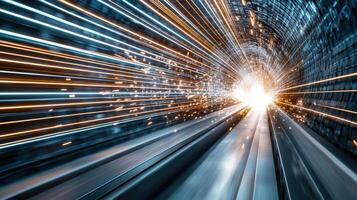 A train moving through a tunnel with light trails photo