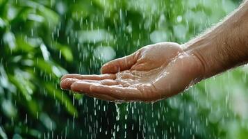 A person's hand is holding a water droplet photo