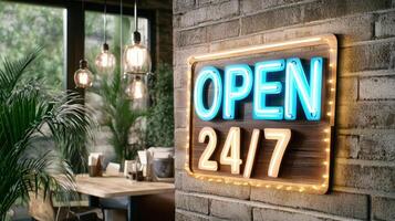 Open 247 sign on brick wall photo