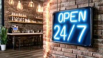 A neon sign that says open 24 7 is hanging on a brick wall photo