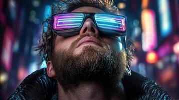 A man wearing neon glasses in a city photo