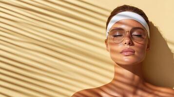 A woman with glasses and a towel on her head photo