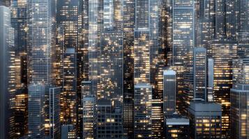 A cityscape with many tall buildings at night photo