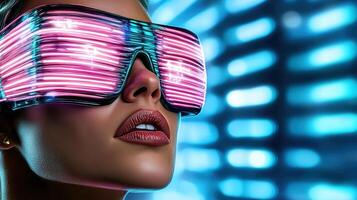 A woman wearing neon glasses in front of a neon background photo