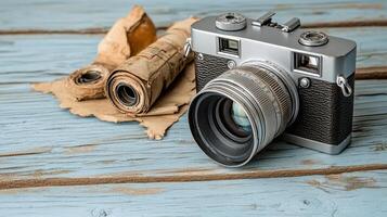 An old camera and roll of film on a blue wooden table photo