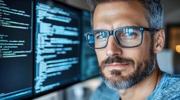 A man in glasses is looking at a computer screen photo