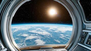 stunning view of Earth from spacecraft window, showcasing sun rising over horizon photo