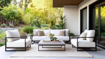calm outdoor patio with sleek furniture and soft cushions invites relaxation photo