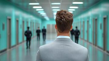 man in suit stands in corridor, observing figures in distance photo