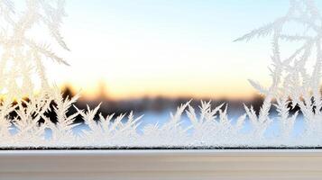 Delicate frost patterns create beautiful winter scene on window photo