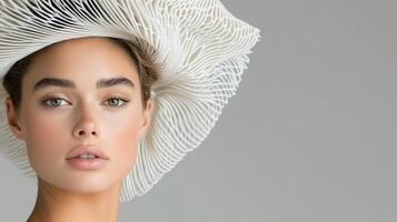 A woman wearing a hat with a large white feather photo