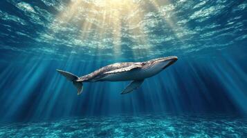A whale swimming in the ocean with sunlight coming through photo