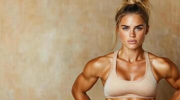 A woman with a muscular body and a tan top photo