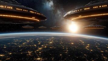 Ufo flying over the earth photo