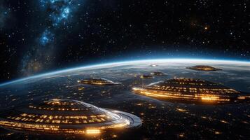 An alien spaceship is flying over the earth photo