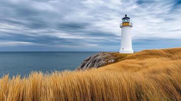 A lighthouse on a cliff overlooking the ocean photo