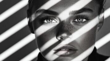 A woman with freckles and a black and white photo