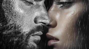 A man and woman are kissing in the rain photo