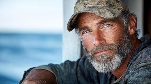 A man with a beard and hat looking out the window photo