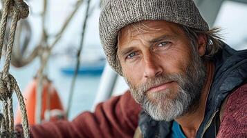 A man with a beard and a hat on a boat photo