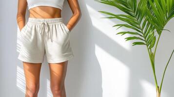 A woman in shorts and a white top standing next to a plant photo