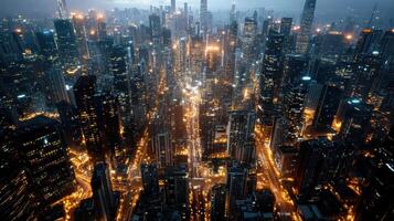 An aerial view of a city at night photo