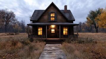 A small house in the middle of a field photo