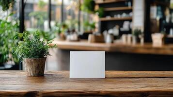 blank card on wooden table in cozy cafe setting, surrounded by greenery photo