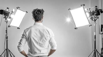 man stands in front of bright studio lights, preparing for photoshoot photo