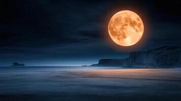 blood red moon illuminating serene coastal landscape at night photo