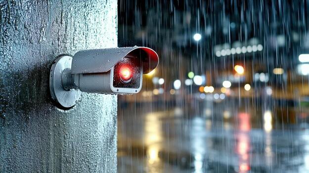 un seguridad cámara es mostrado en el lluvia foto