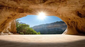 stunning cave view with sunlight streaming through, creating serene atmosphere photo