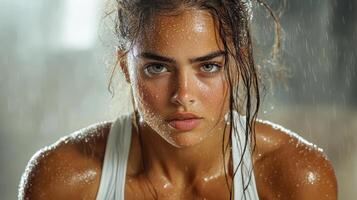 A woman in a sports bra and tank top is covered in water photo