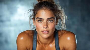 A woman with wet hair and a sports bra photo