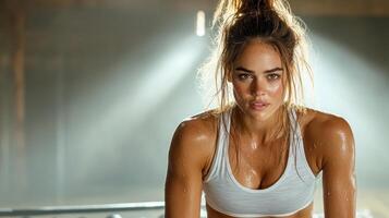 A woman in a sports bra top is sitting on a bench photo