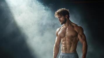 muscular man with defined abs stands in smoky environment, showcasing strength and focus photo